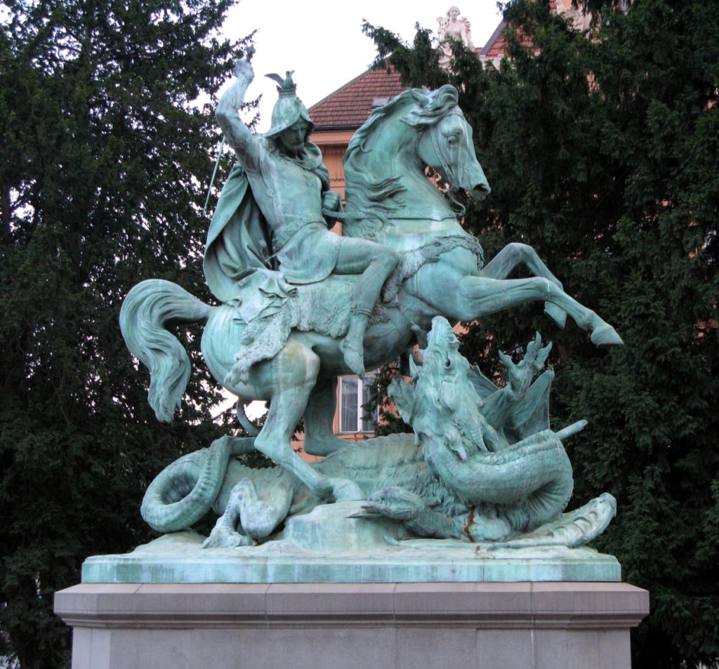 Saint George killing the dragon twice
